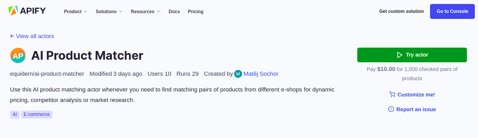 Step 1. Find the AI Product Matcher in Apify Store 