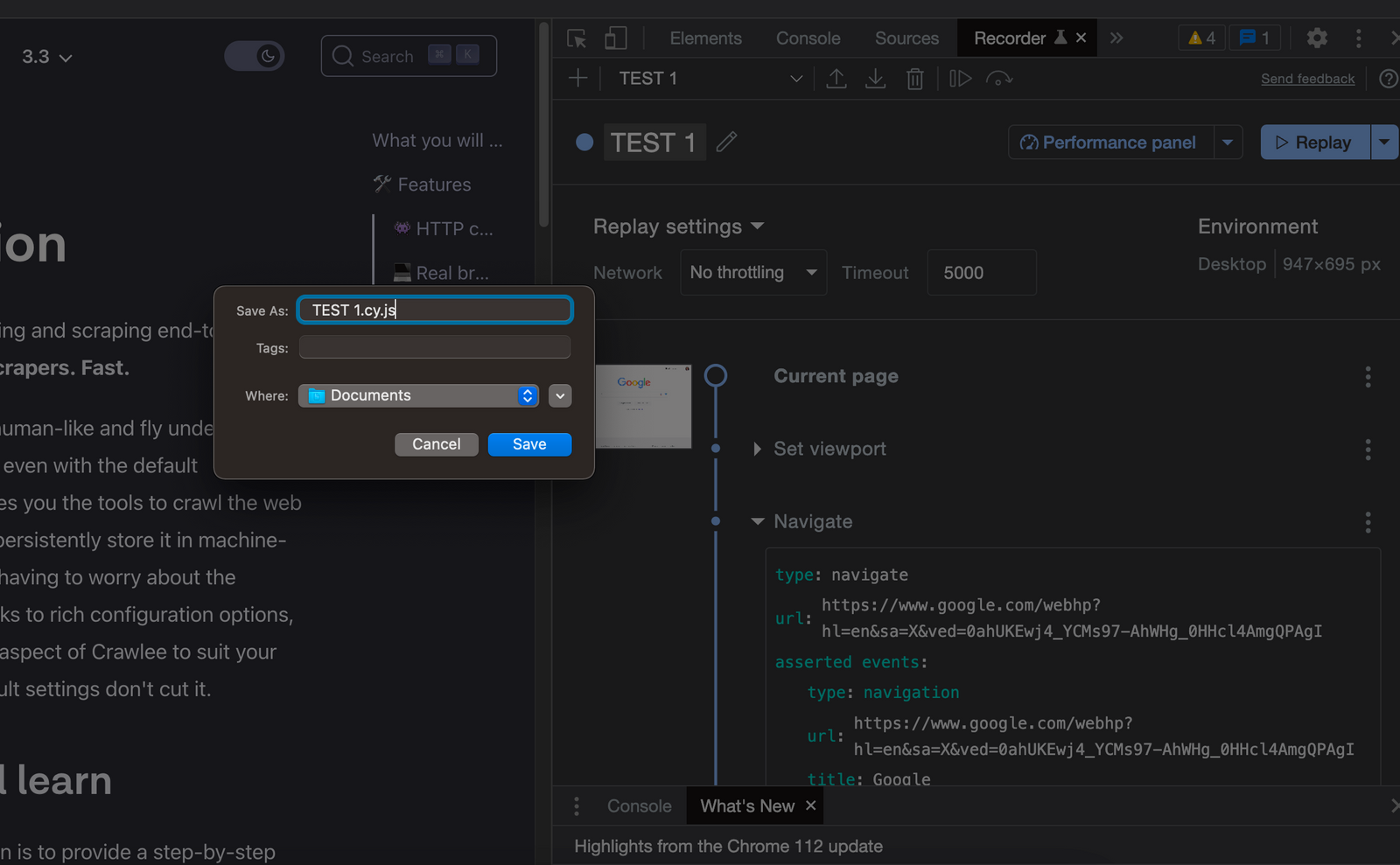 An example of exporting a test made through Cypress Test Recorder