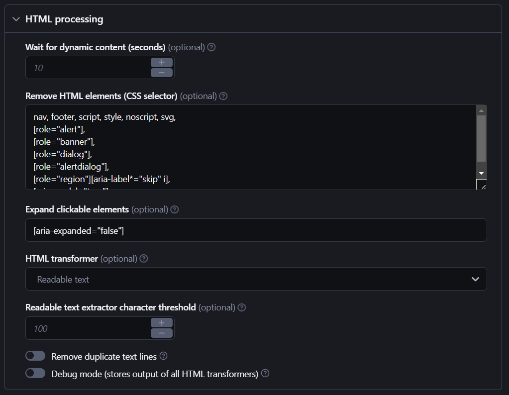 How to scrape data to feed your LLM. Step 4. Refine HTML processing and output settings