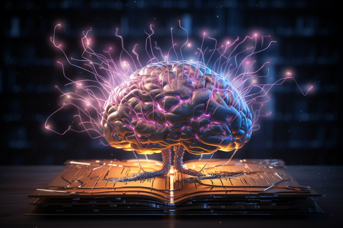Illustration of artificial intelligence brain rising out of books to accompany post on top 5 books on AI
