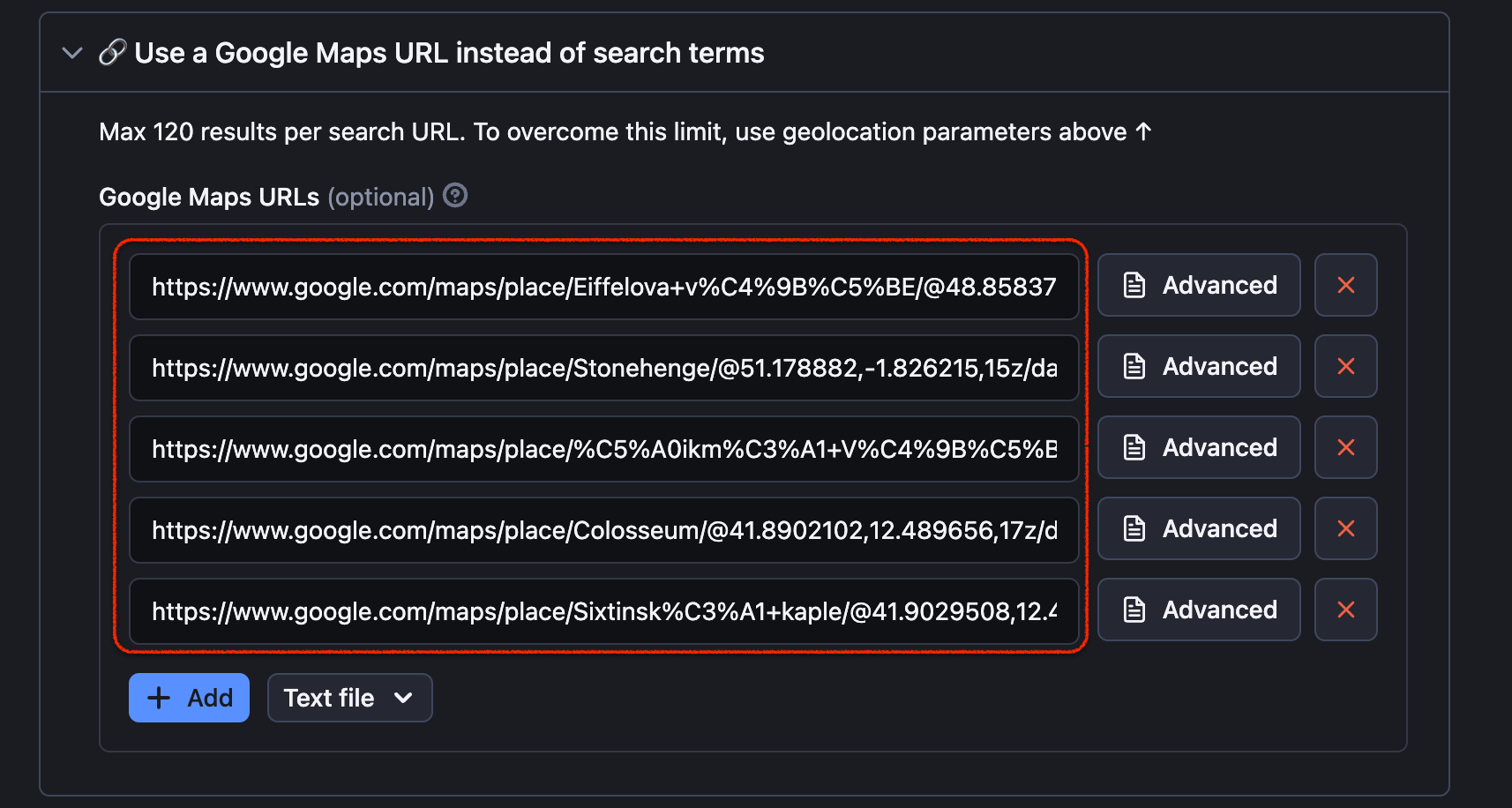 Feeding URLs of Google places to the scraper