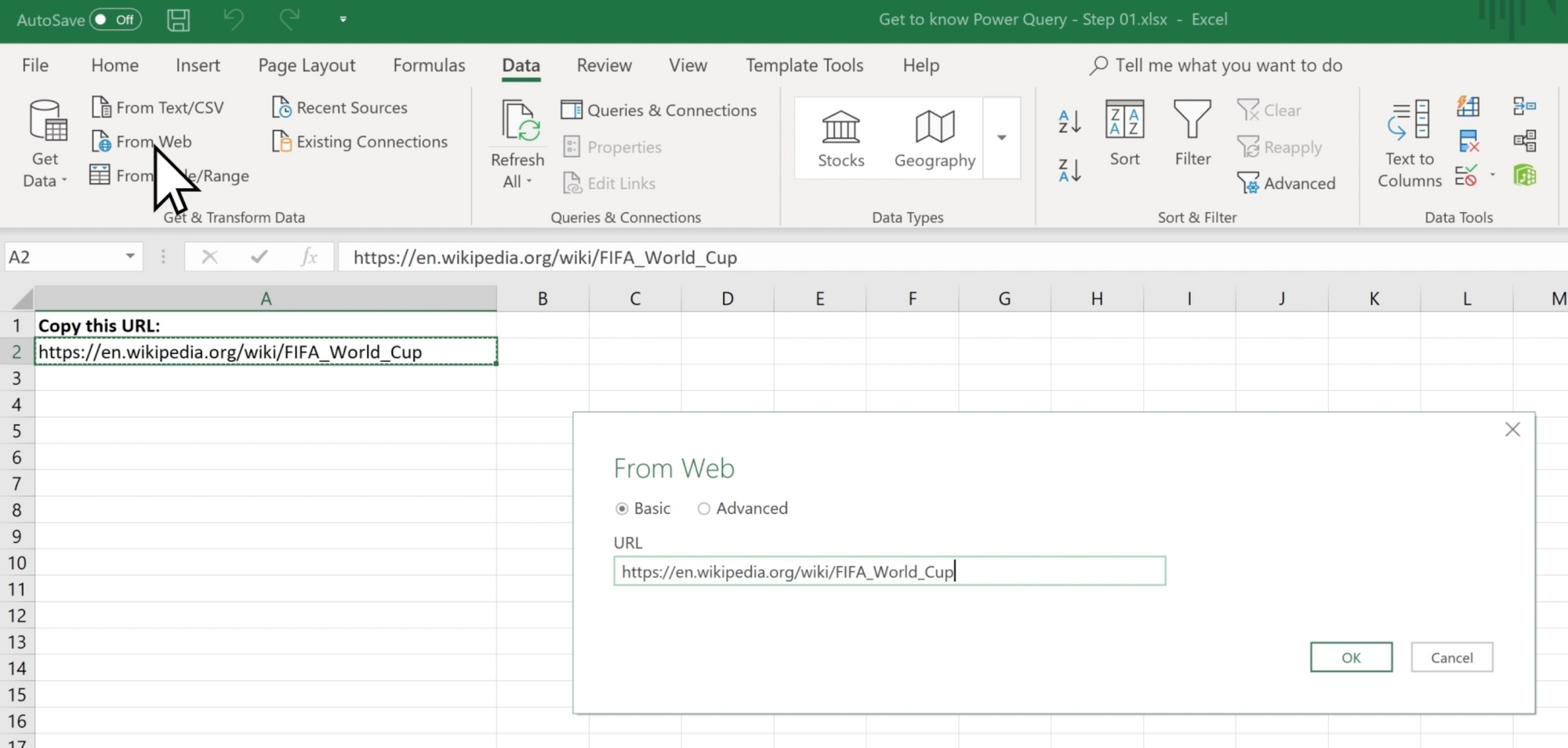 screenshot of Excel with the cursor pointing to From Web in the Data section