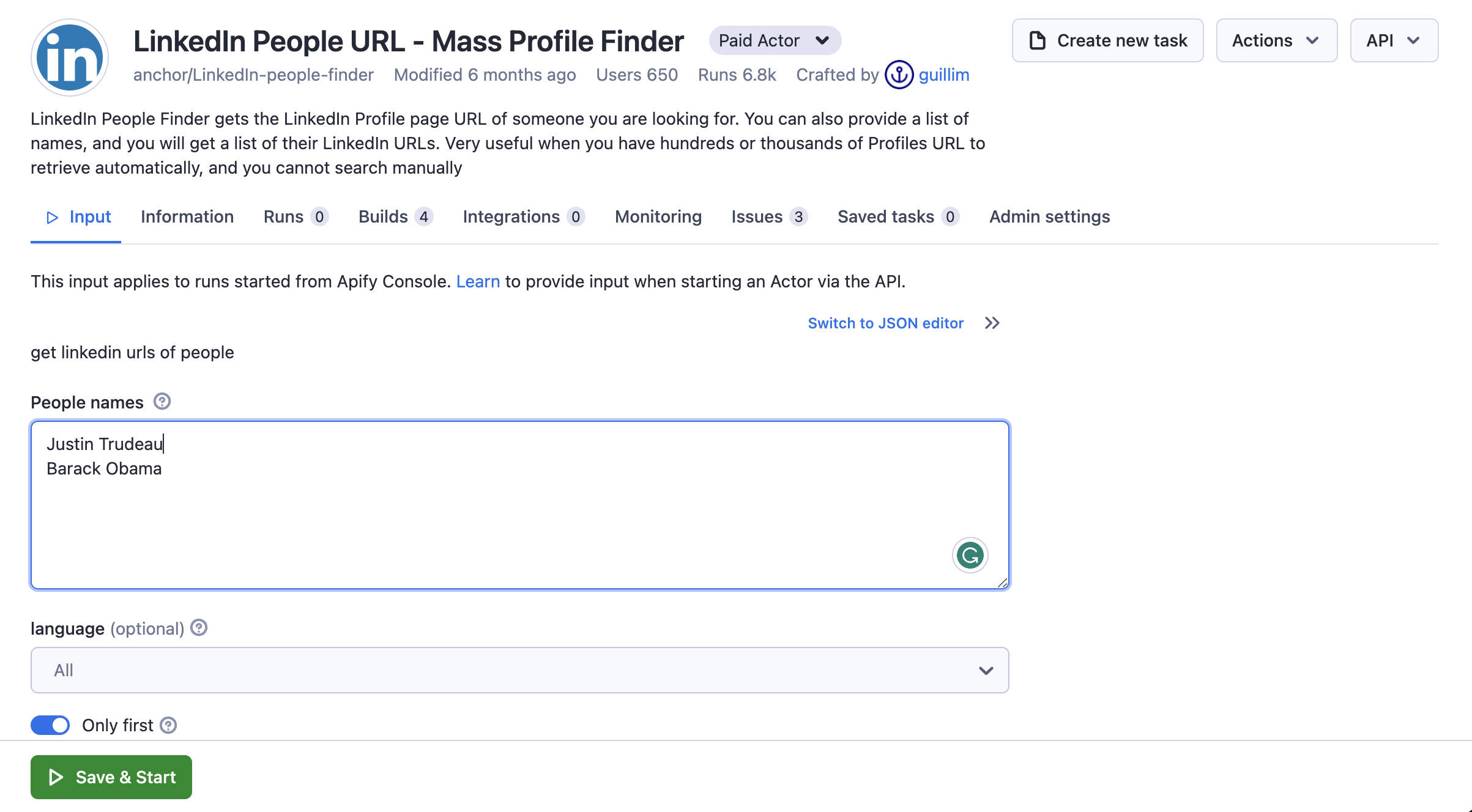 The input fields for LinkedIn People Finder.