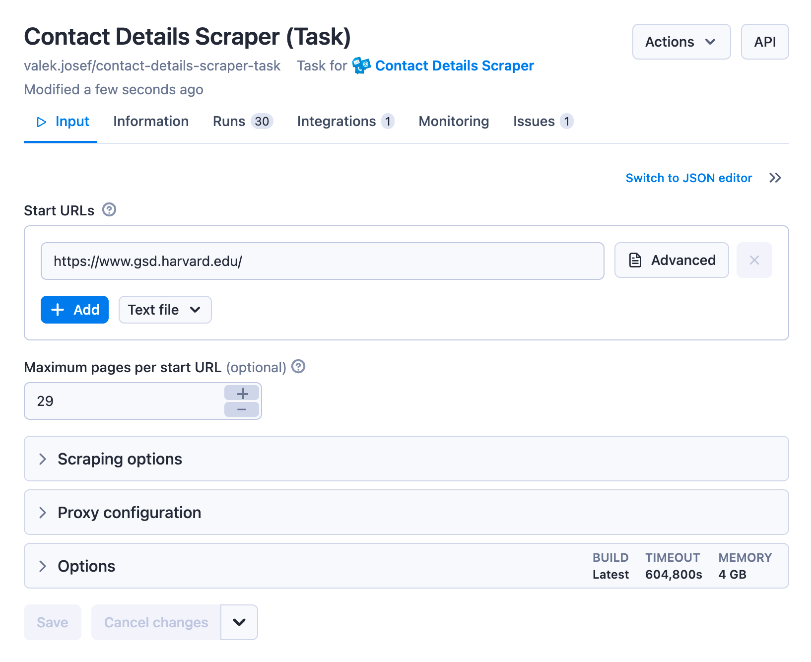 Screenshot of input for Contact Detail Scraper Task