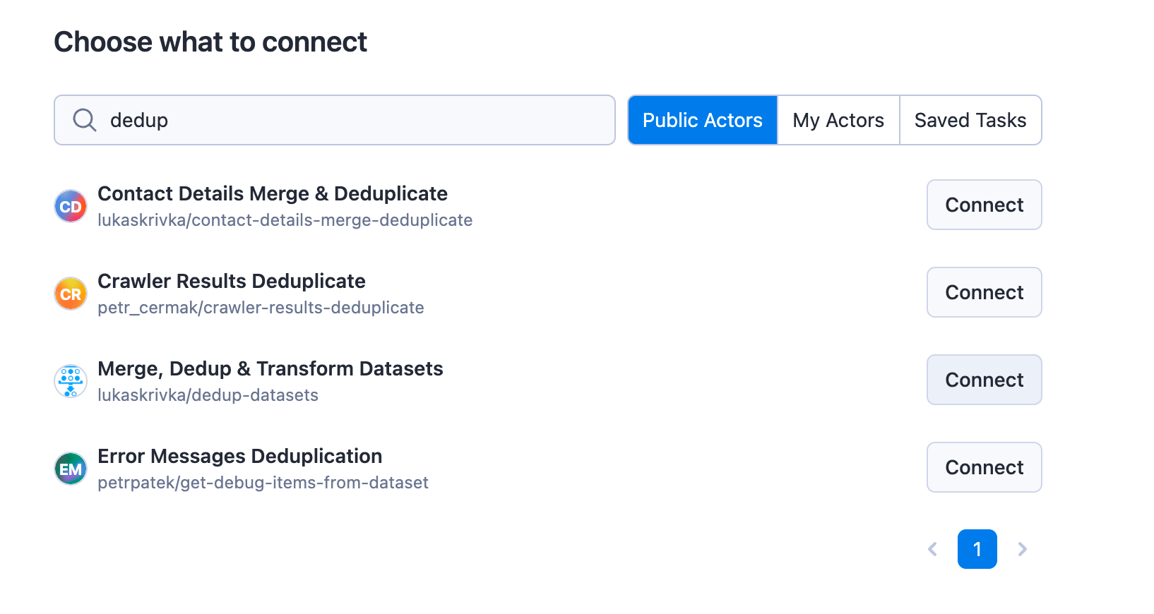 Scraped data deduplication: screenshot of Adding Integrations