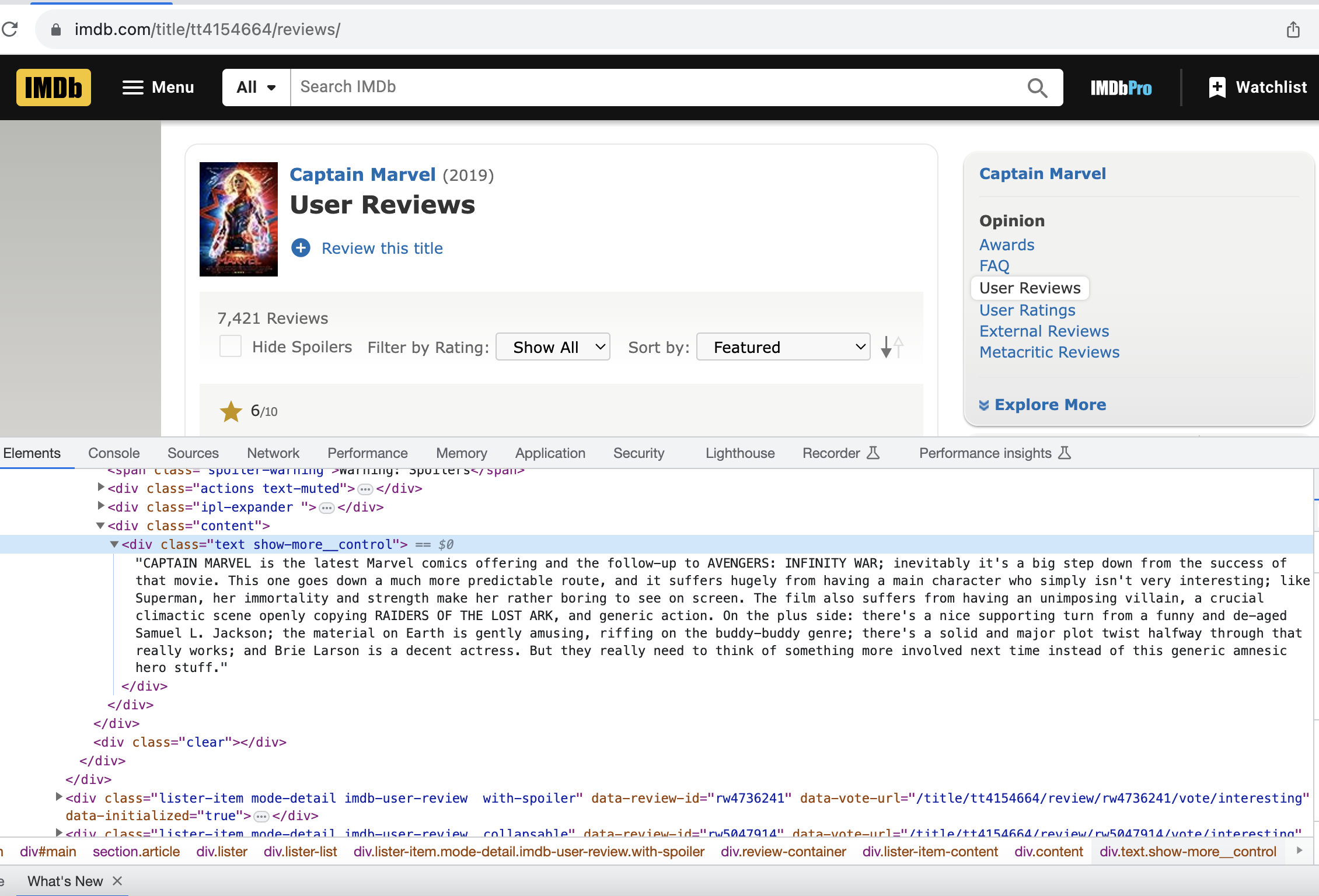 Web scraping IMBb reviews. Inspect element.
