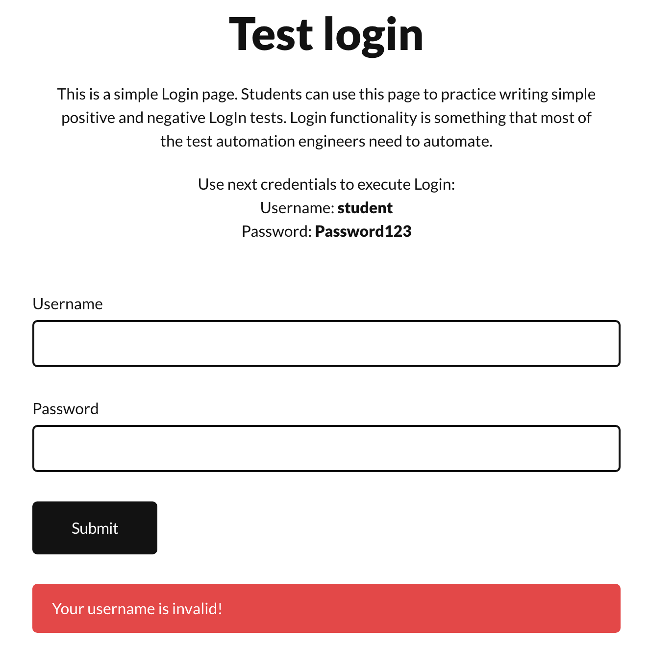 Selenium POM: invalid username login screen