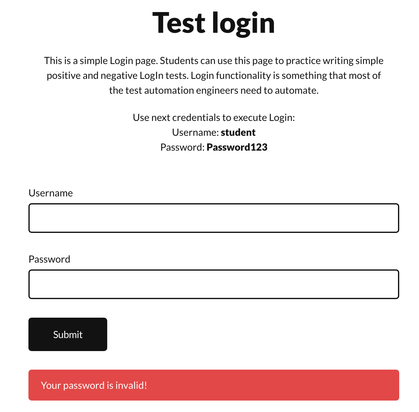 Selenium POM: invalid password login screen