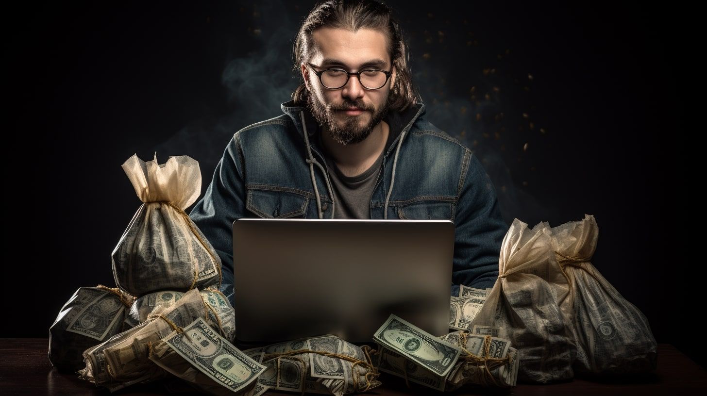 Programmer passive income: developer surrounded by bags of cash