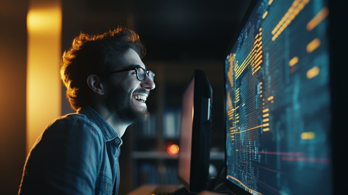 Passive income programming: happy software developer looking at a computer screen
