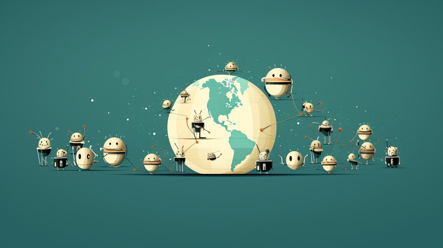Web crawling vs. web scraping: illustration of diverse robots on globe representing world wide web