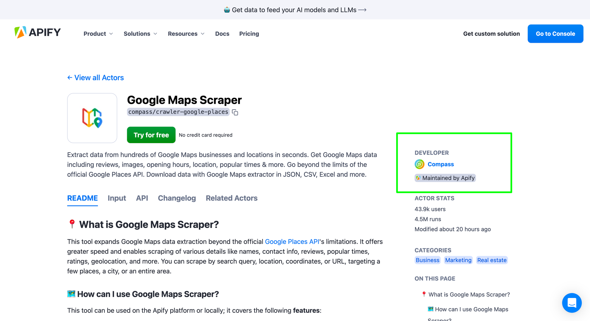 Google Maps Scraper in Apify Store is maintained by Apify
