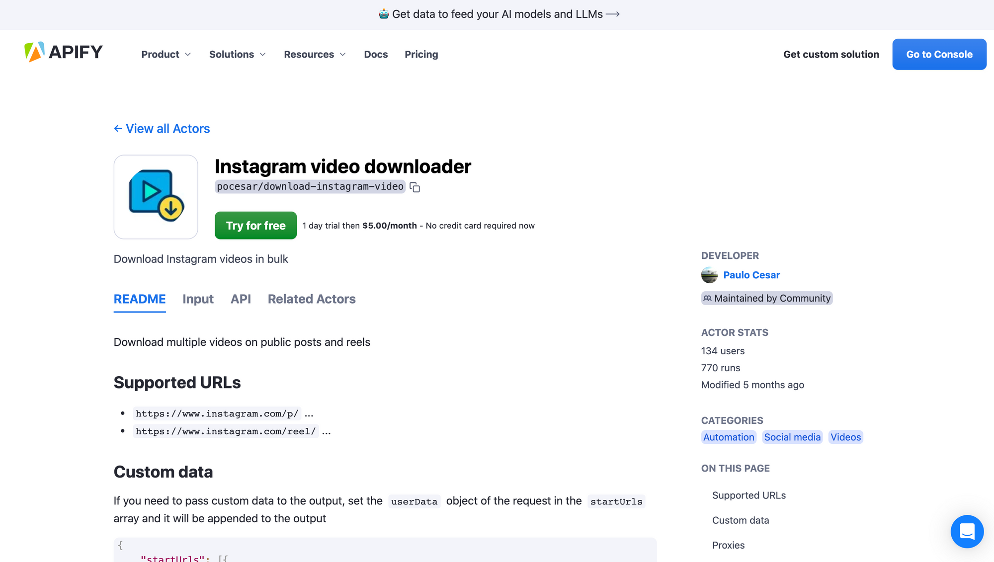 Instagram video downloader on Apify Store is maintained by Community