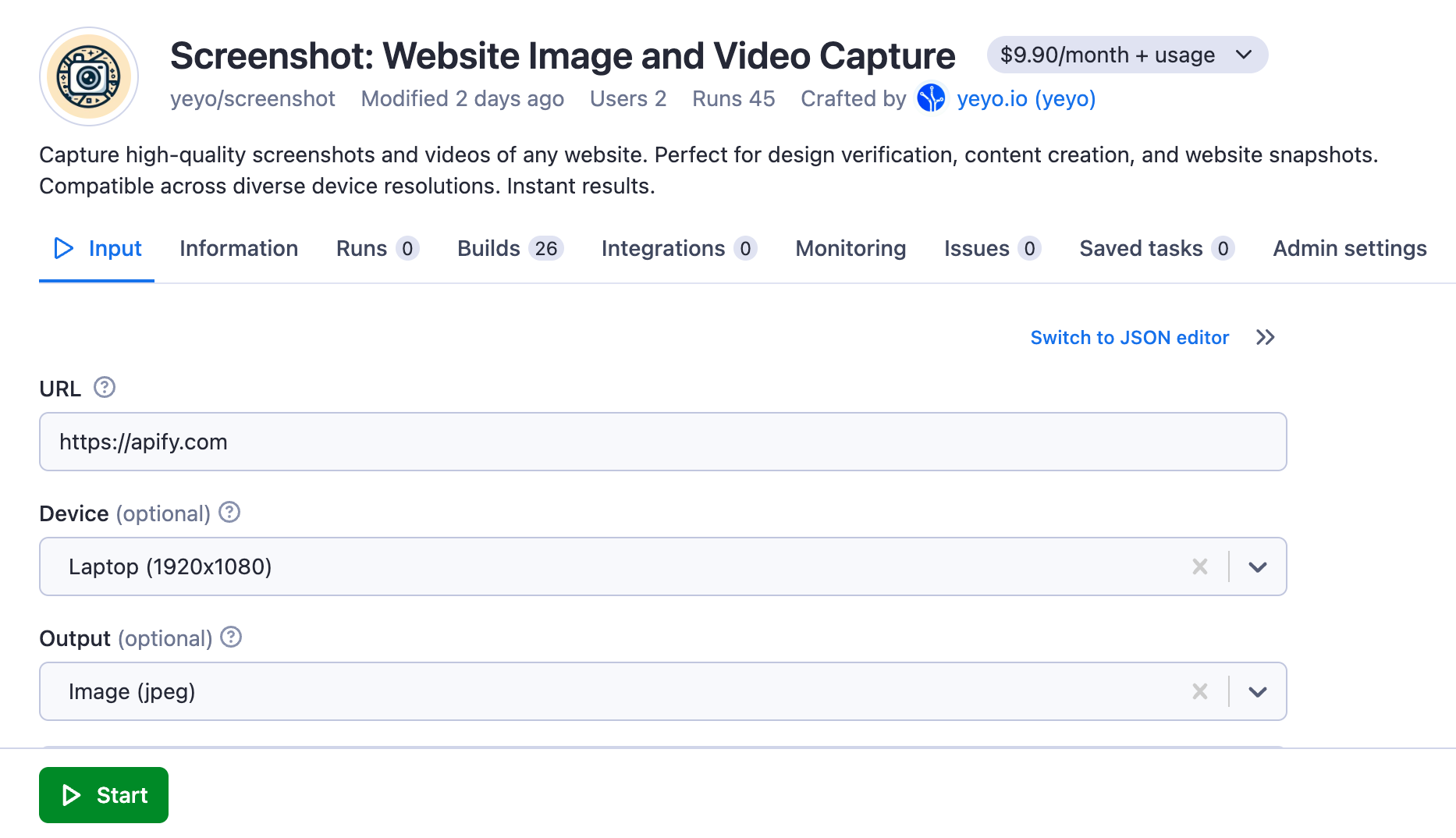 Step 2. Choose URL, device type, and output format