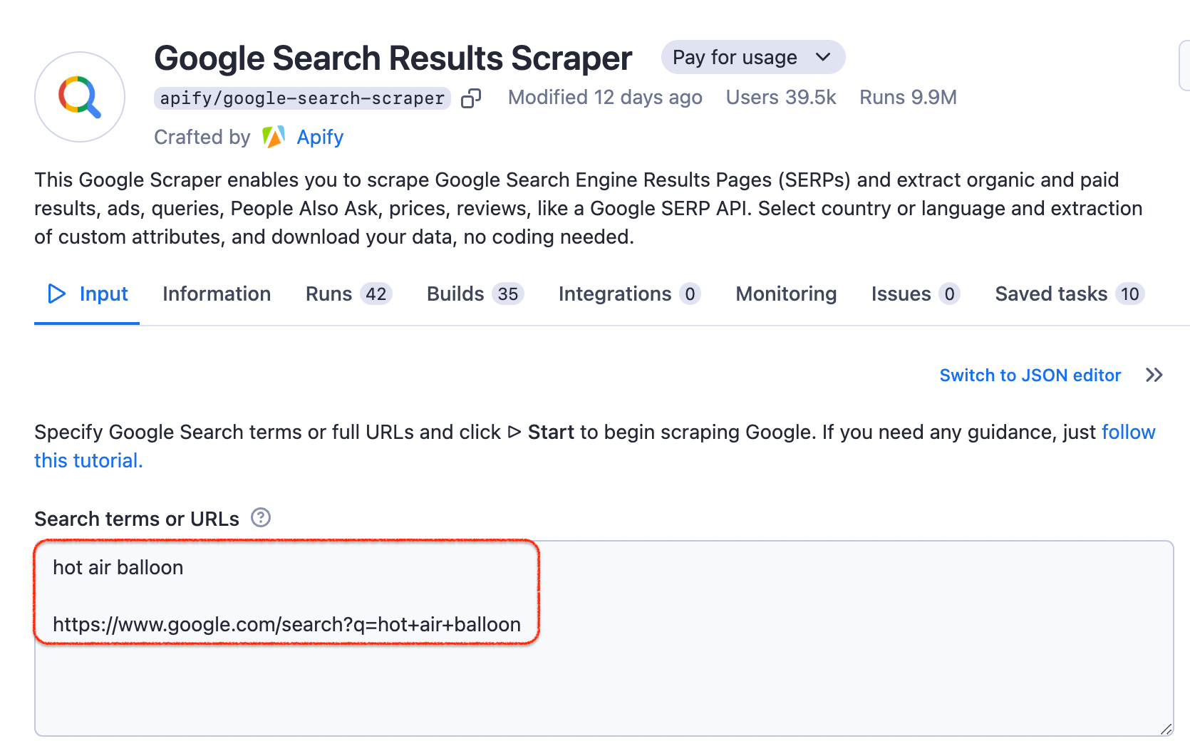 Google Search Results Scraper on Apify Console - typing in the search query