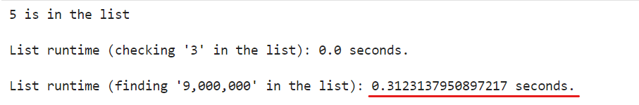 Comparison of the runtimes for list. Code output example