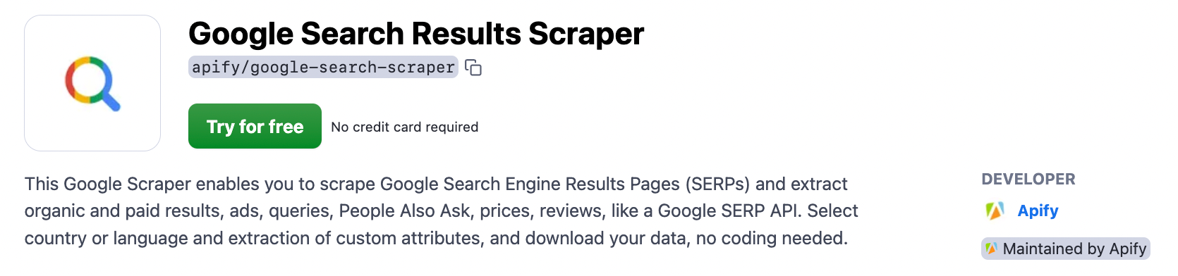 Google Search Results Scraper's page on Apify Store