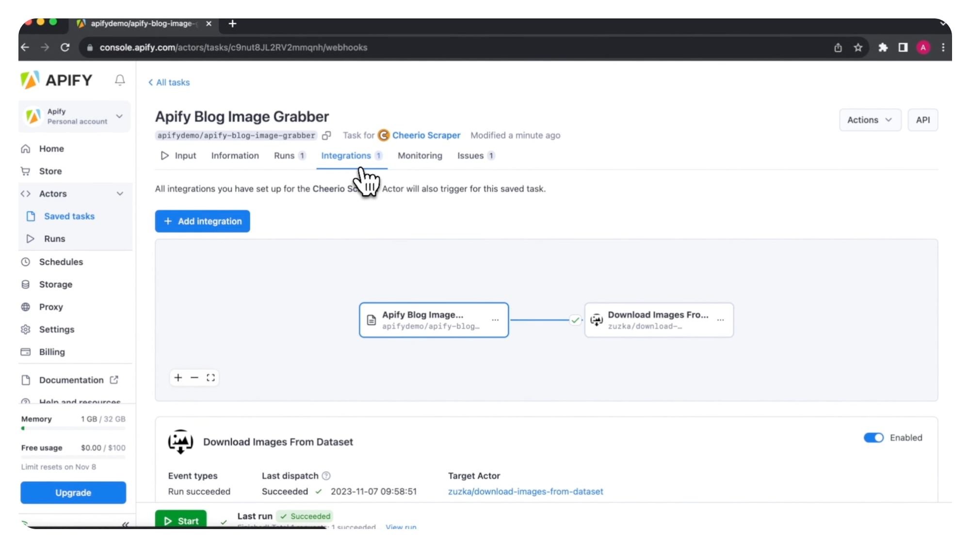 View the schema of your Actor connections in the task's Integrations tab