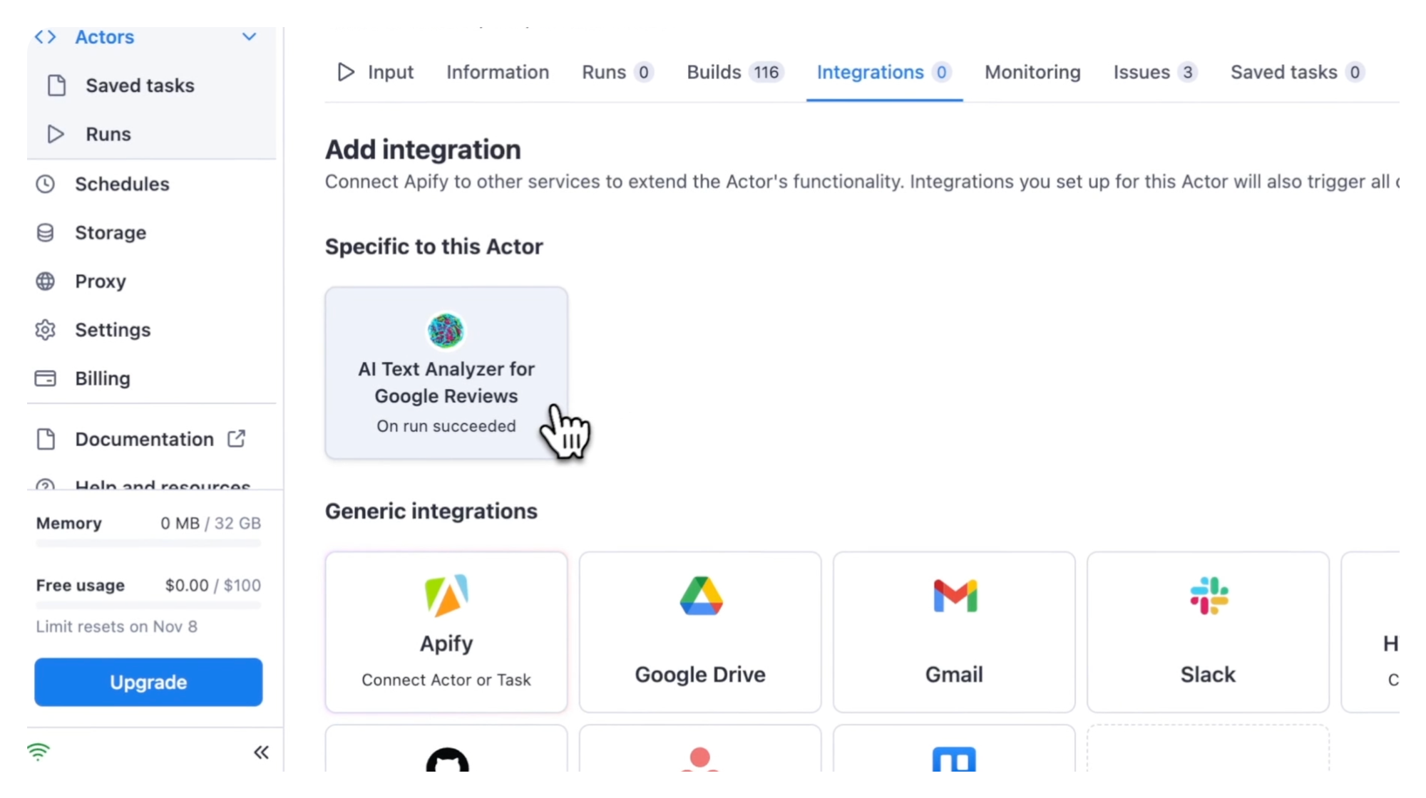 AI Text Analyzer under Google Maps Scraper's integration tab