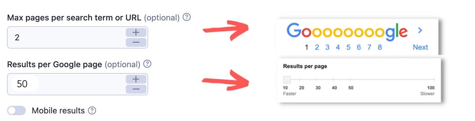 Choose the number of results and Google pages to scrape