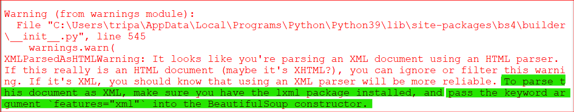 parse XML in Python - warning to install lxml package