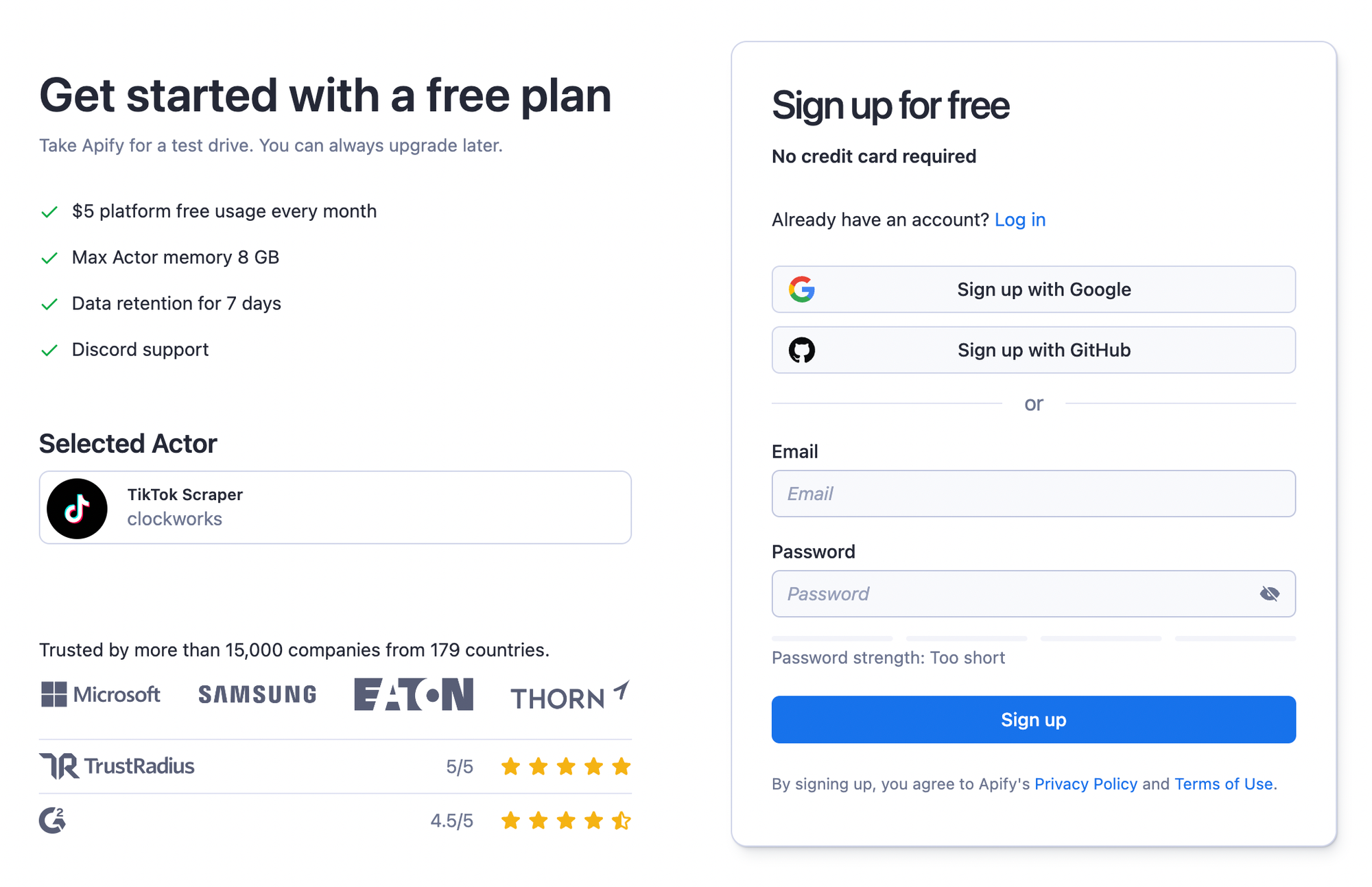 Sign up for a free account using your email, Gmail, or GitHub 