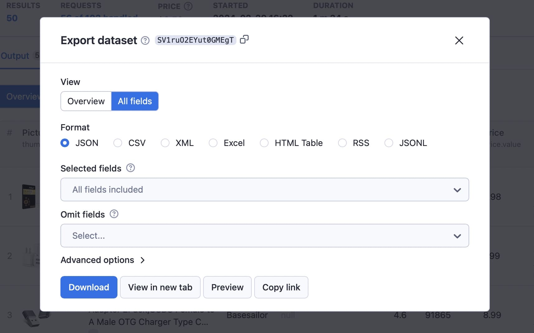 Screenshot of Amazon Product Scraper dataset storage format options