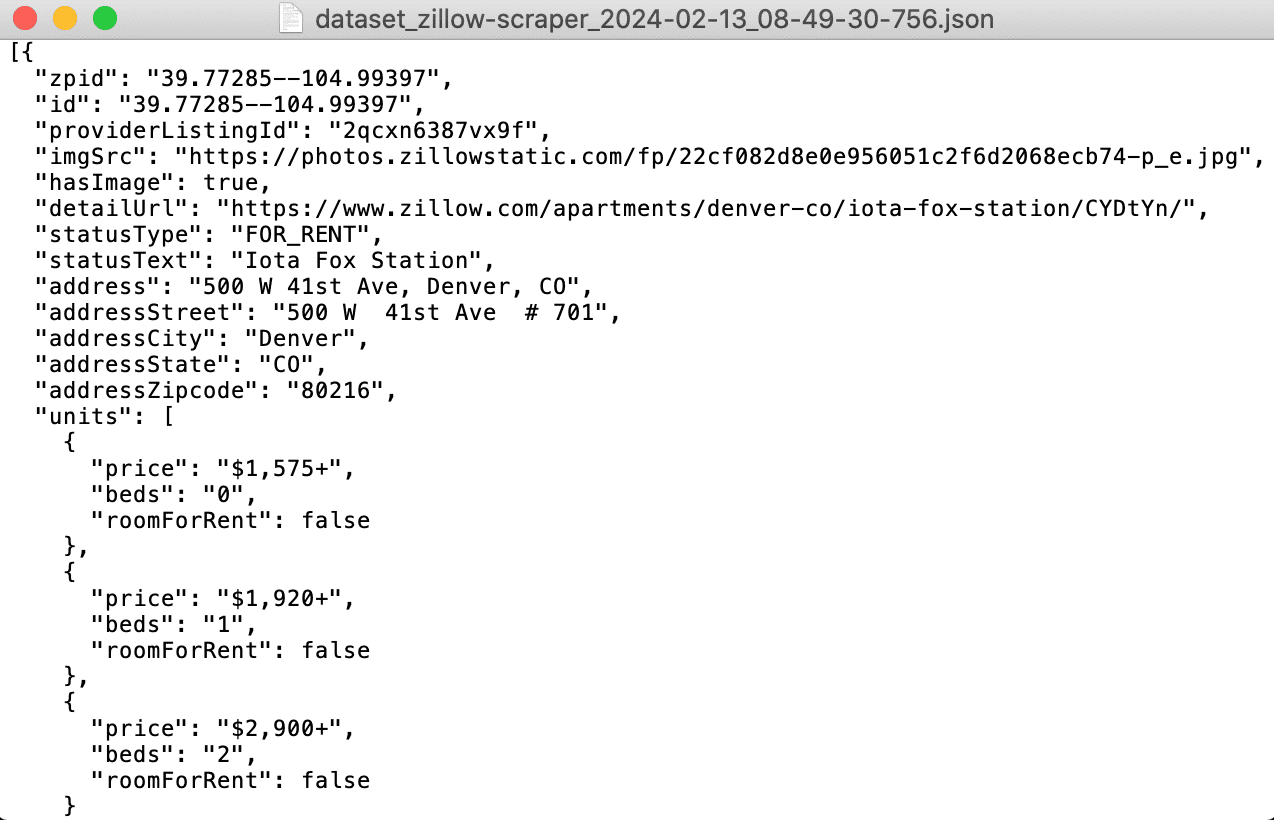 Your Zillow dataset in JSON