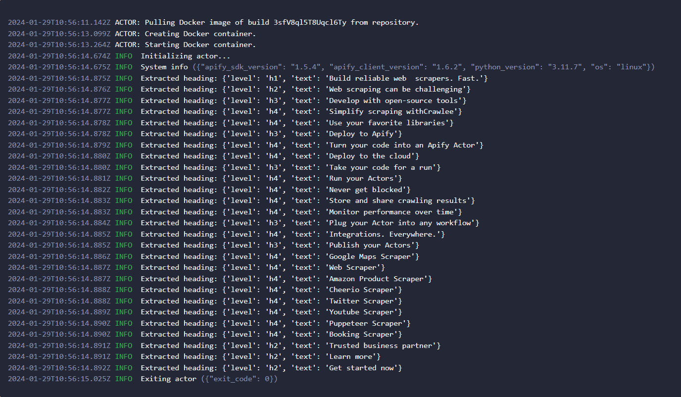 Running the scraper locally. Terminal output.