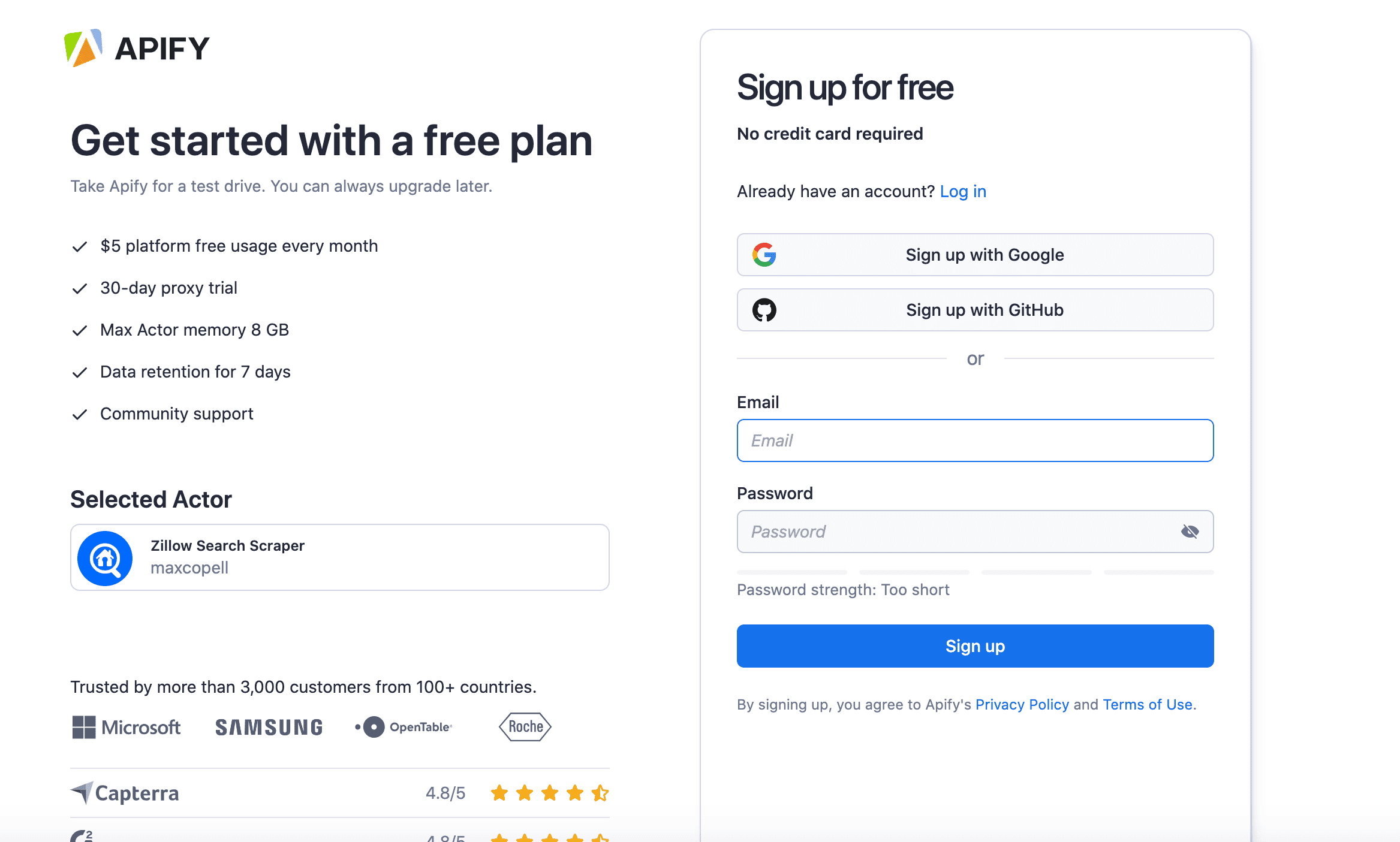 Sign up for free at the Apify platform