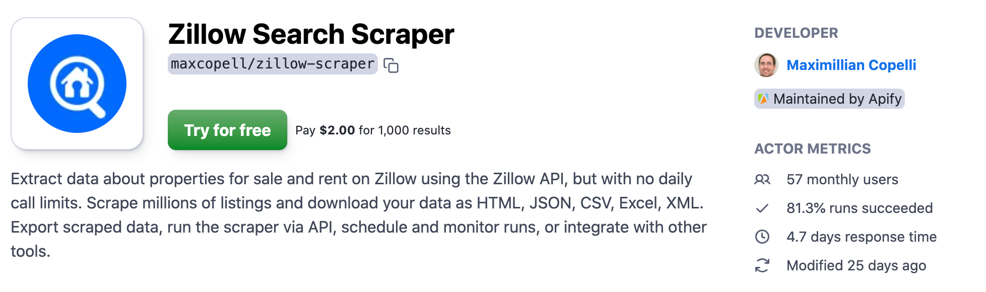 Try Zillow Search Scraper for free