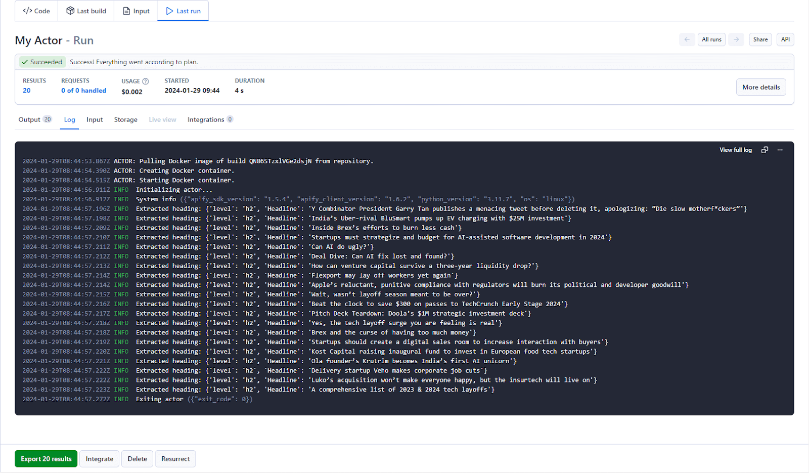 Viewing Python scraper results and exporting the data