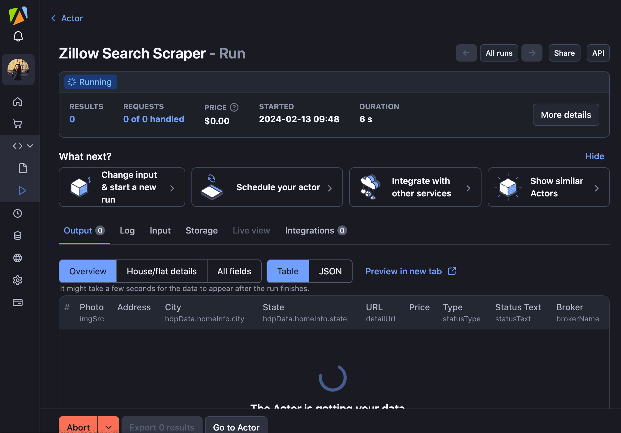You can monitor your scraper and watch the process in the Apify console. Check logs for updates or issues.
