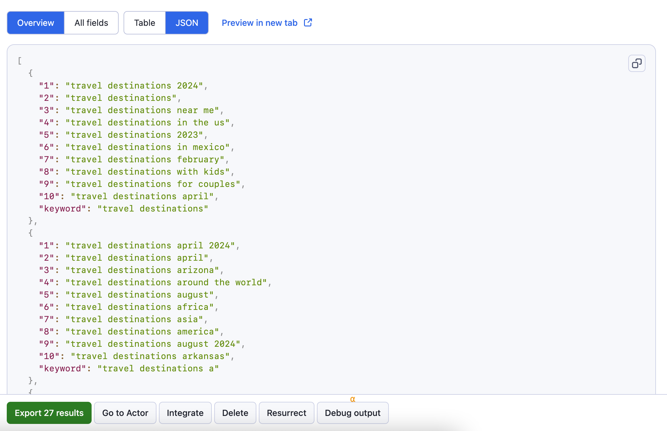 Example of scraped Google search suggestions in JSON