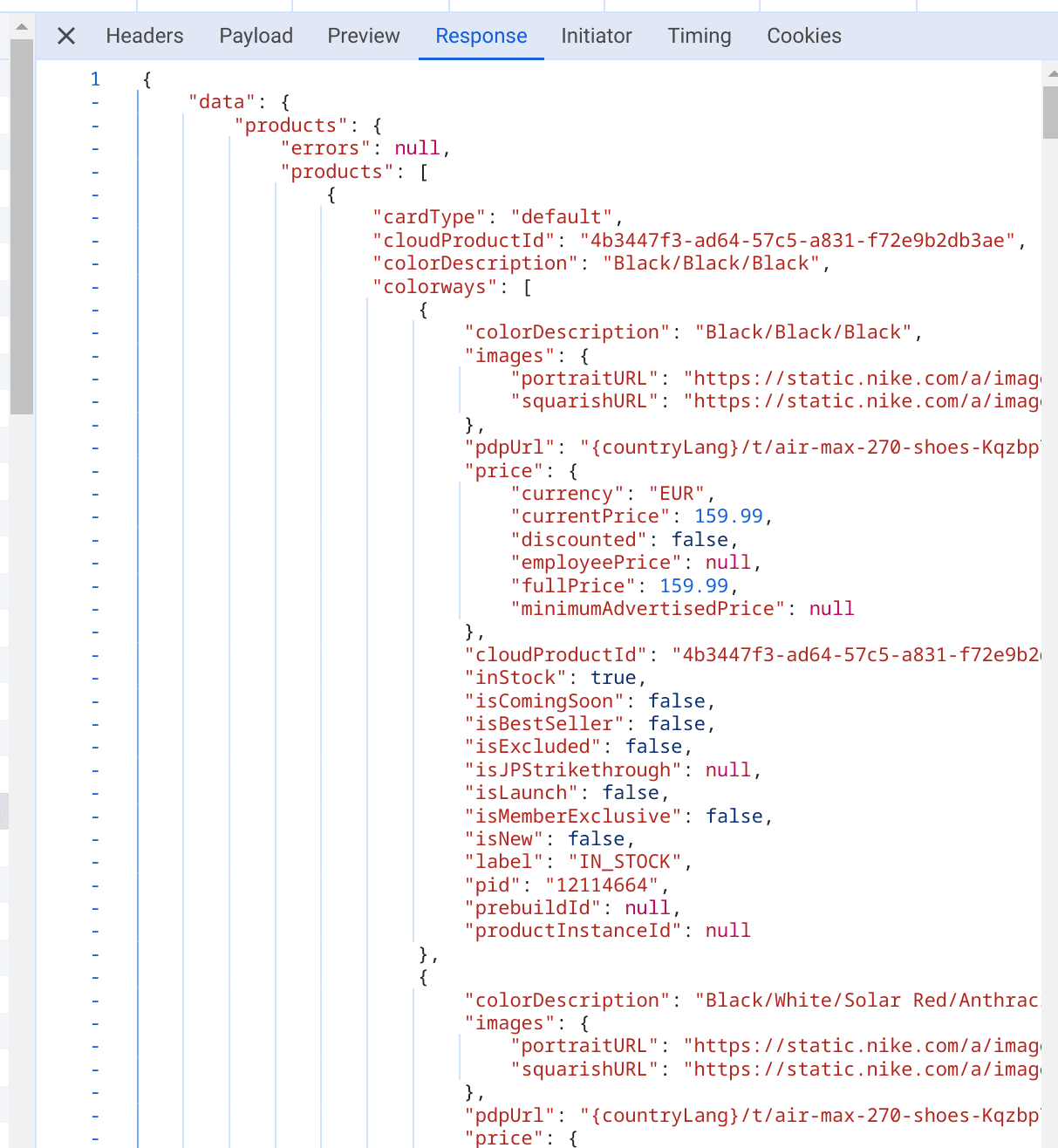 Dev tools. Response section.