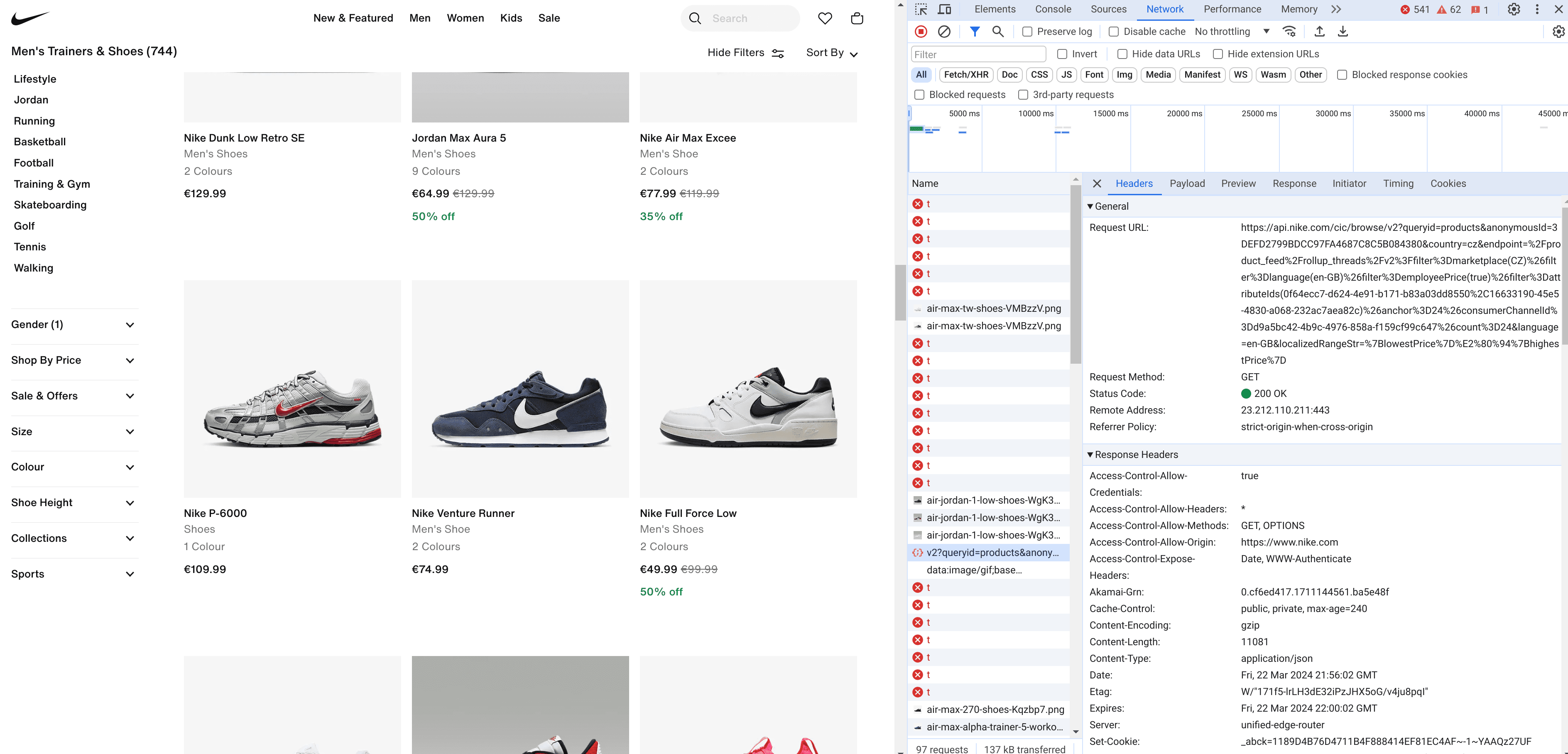 Developer tools. Network tab. Data loading requests