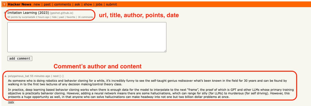 Extracting url, title, author, points, date, and comments from Hacker News