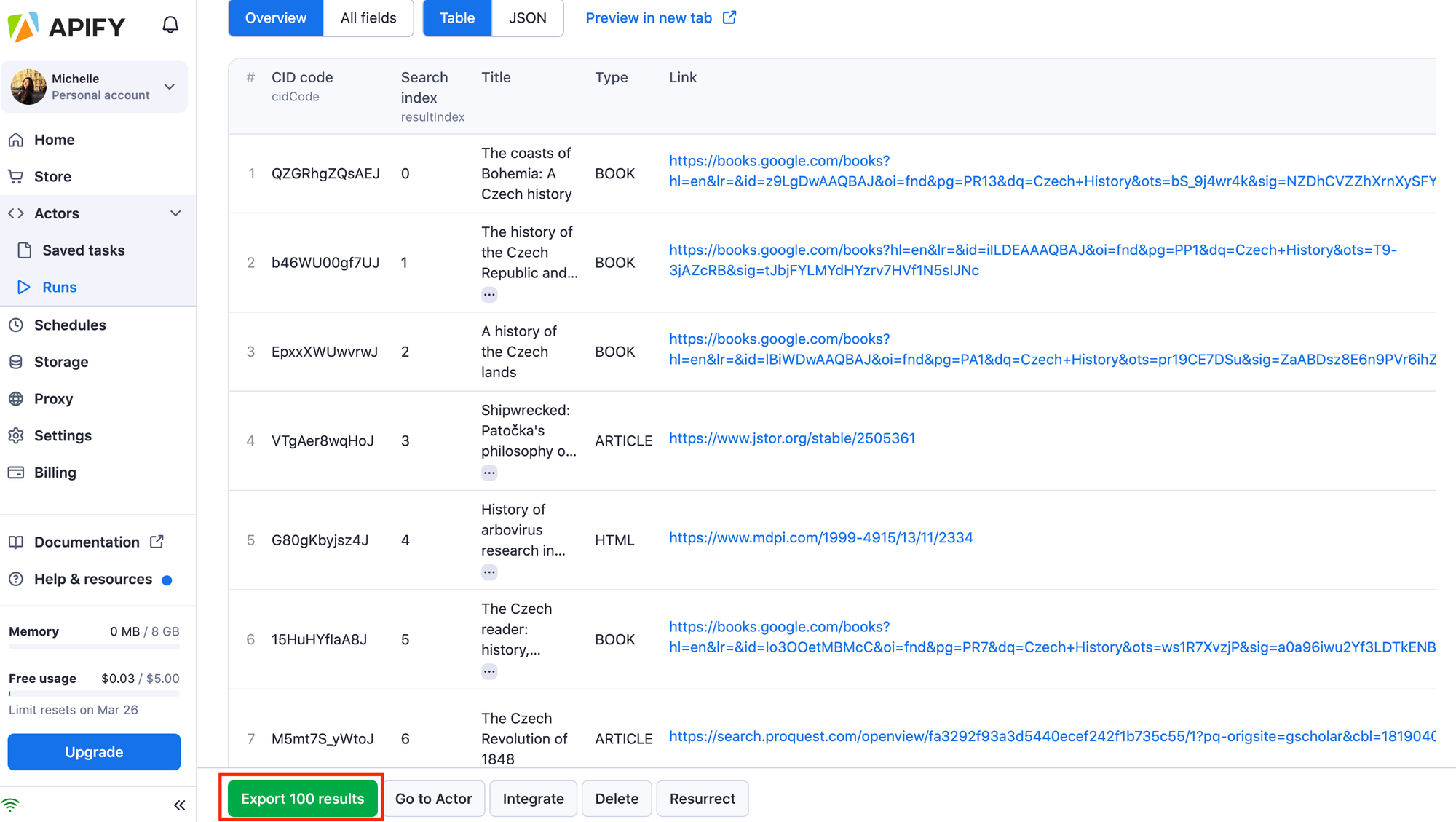 Export results of the Google Scholar Scraper