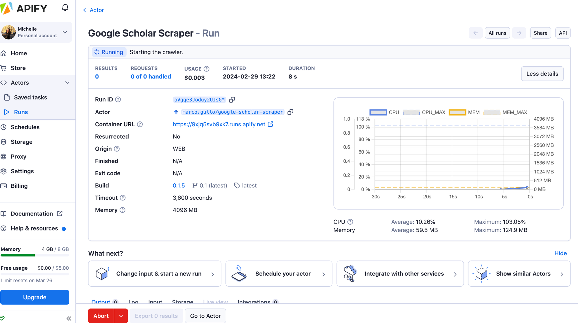 Watch the process in the Apify console.