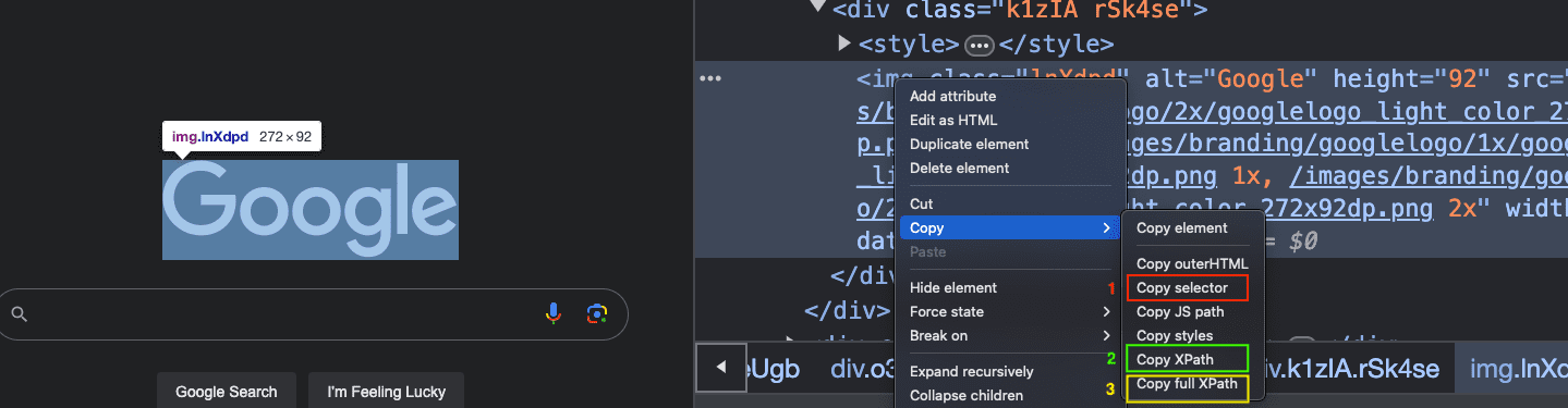 XPath syntax anatomy. copy selector, Copy XPath, Copy full XPath