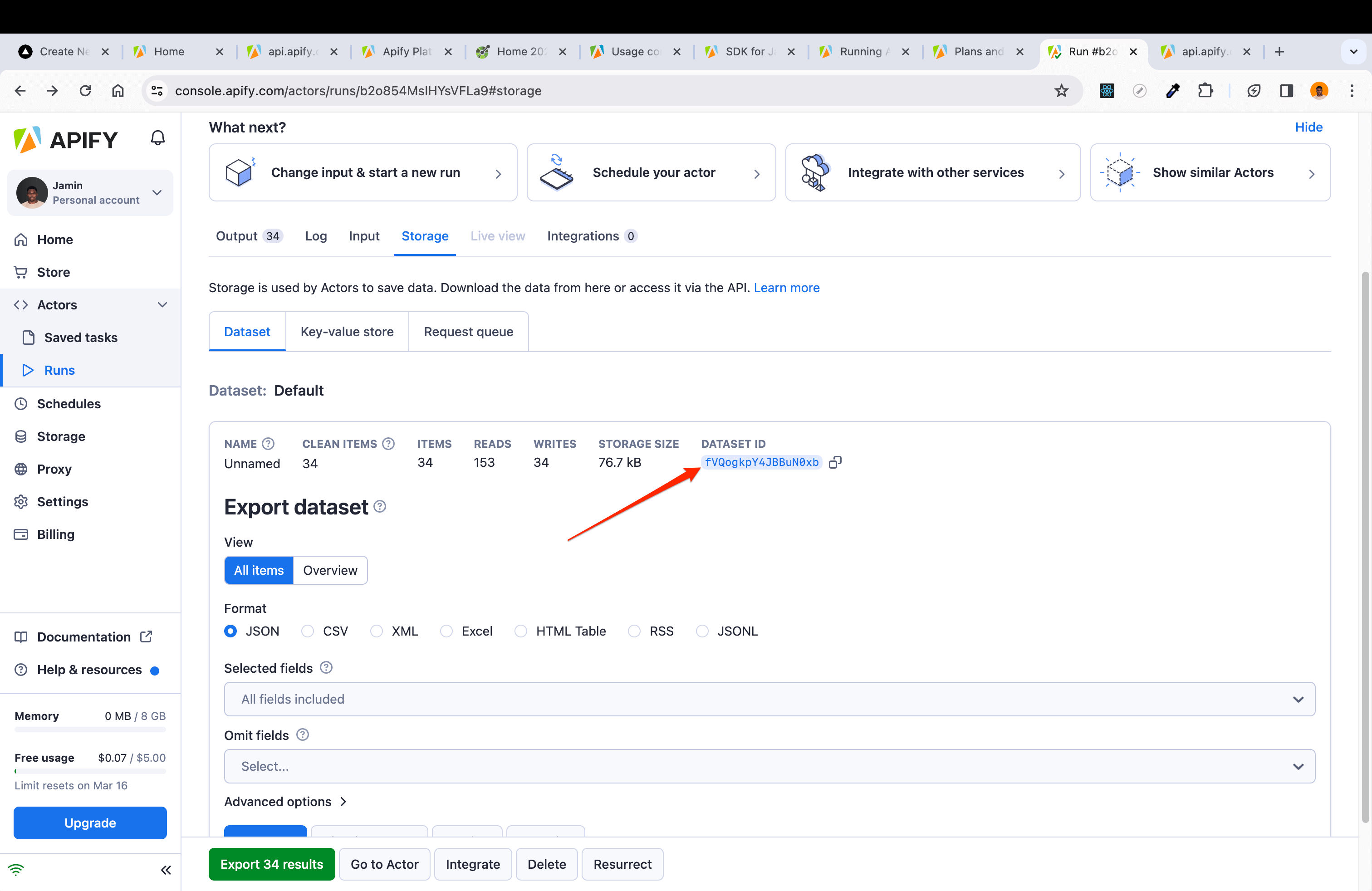 Click on the DATASED ID after news article extractor run on Apify