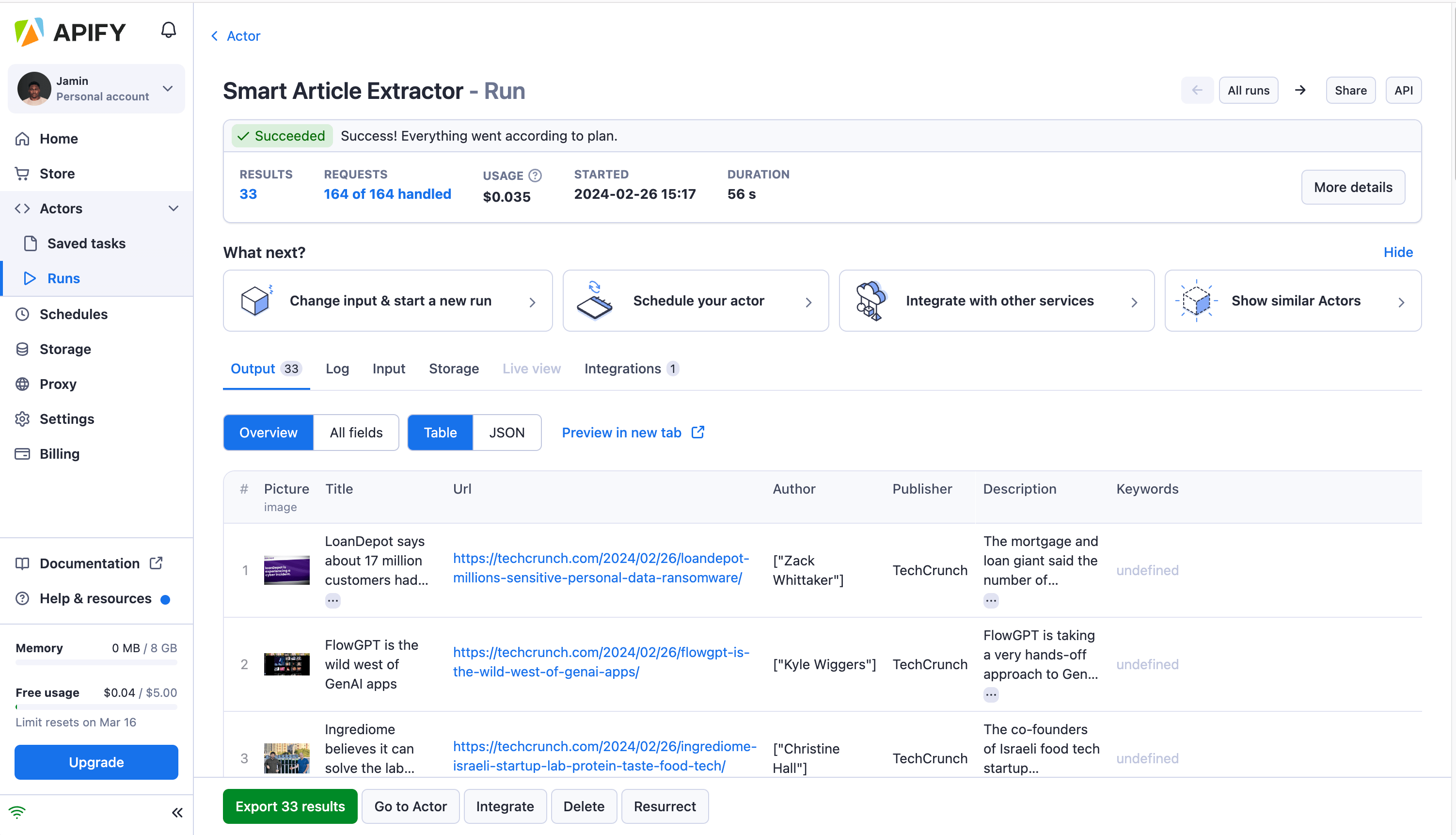 News article extractor run on Apify