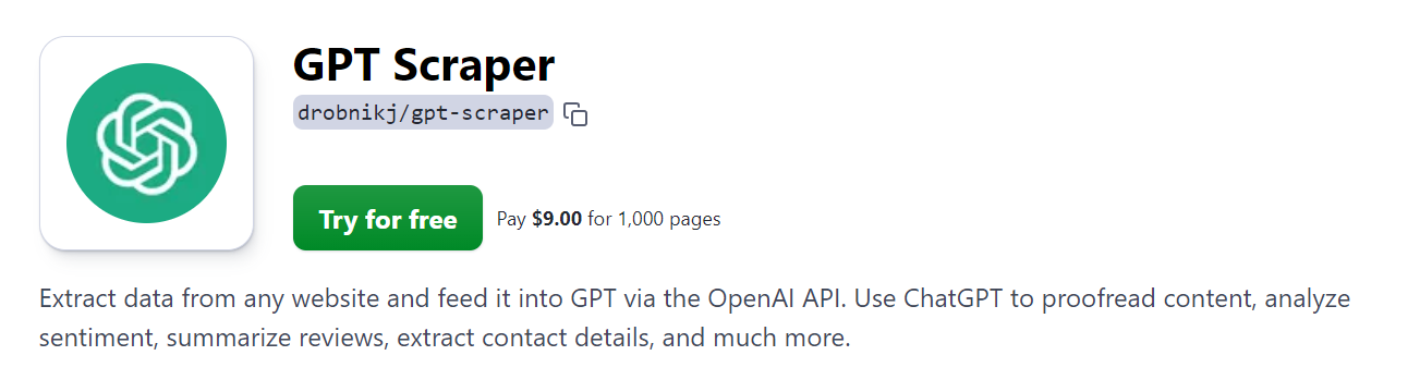 Screenshot of GPT Scraper on Apify Store