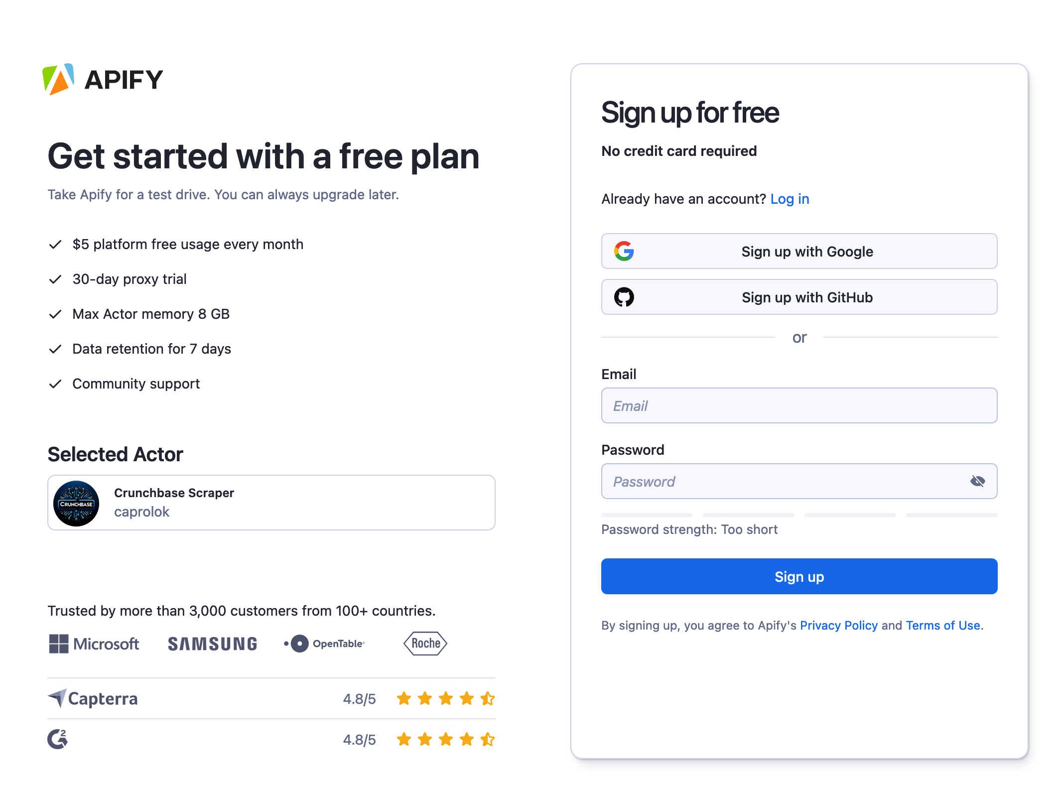 Sign up before setting up the Crunchbase Scraper