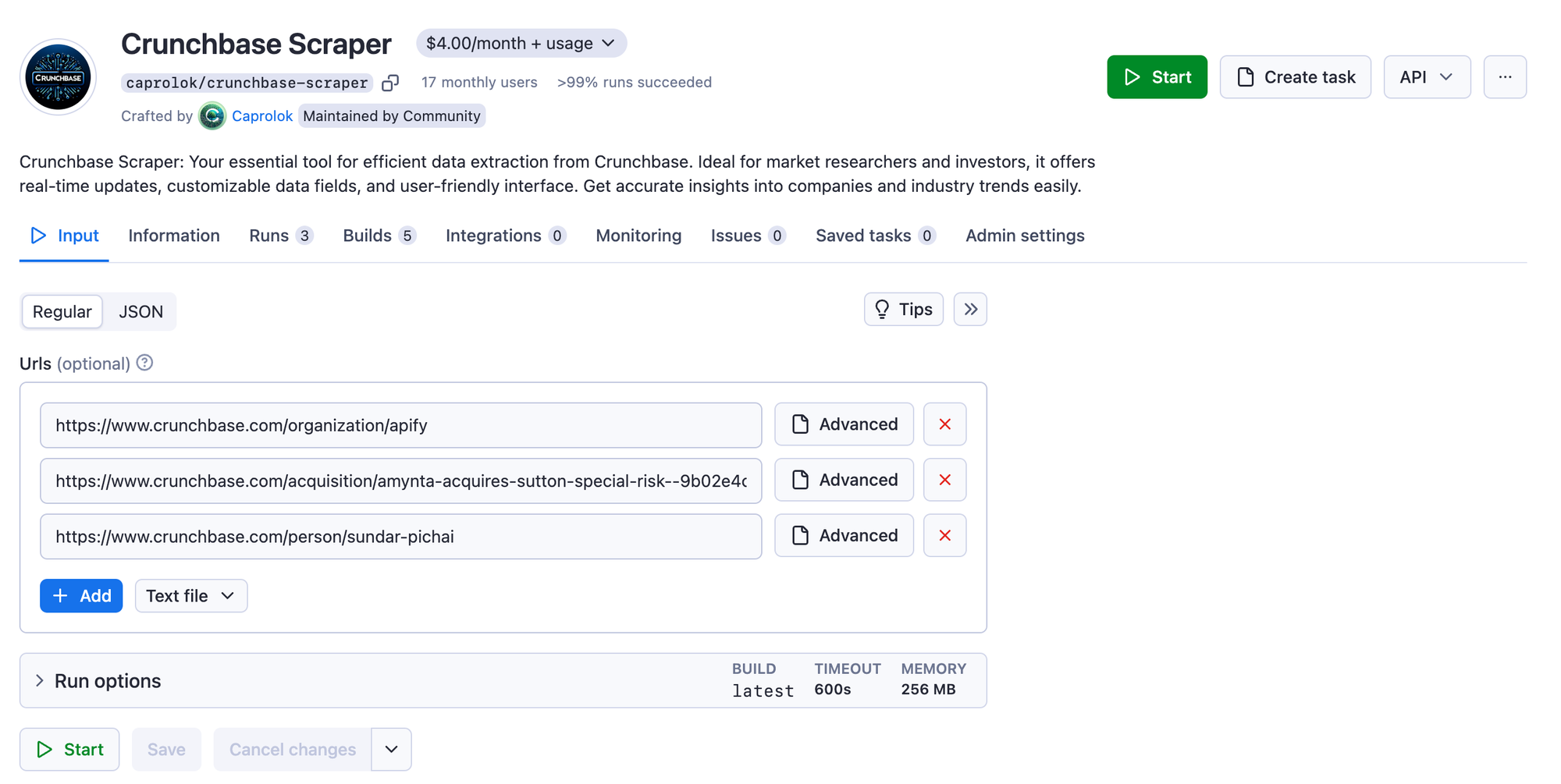 Copy the URLs of pages, profiles or acquisitions that interest you and paste them into the Start URLs field.