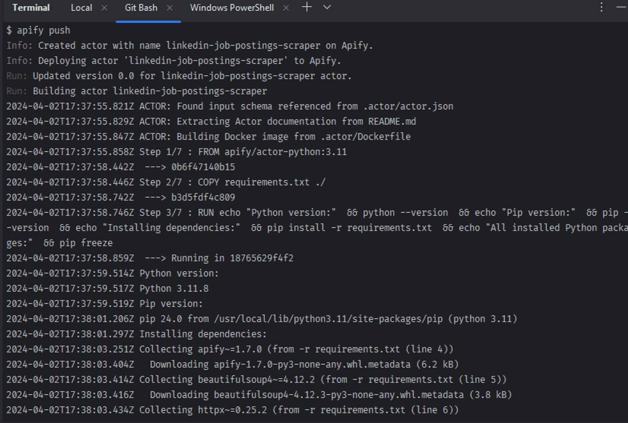 Actor logs in terminal