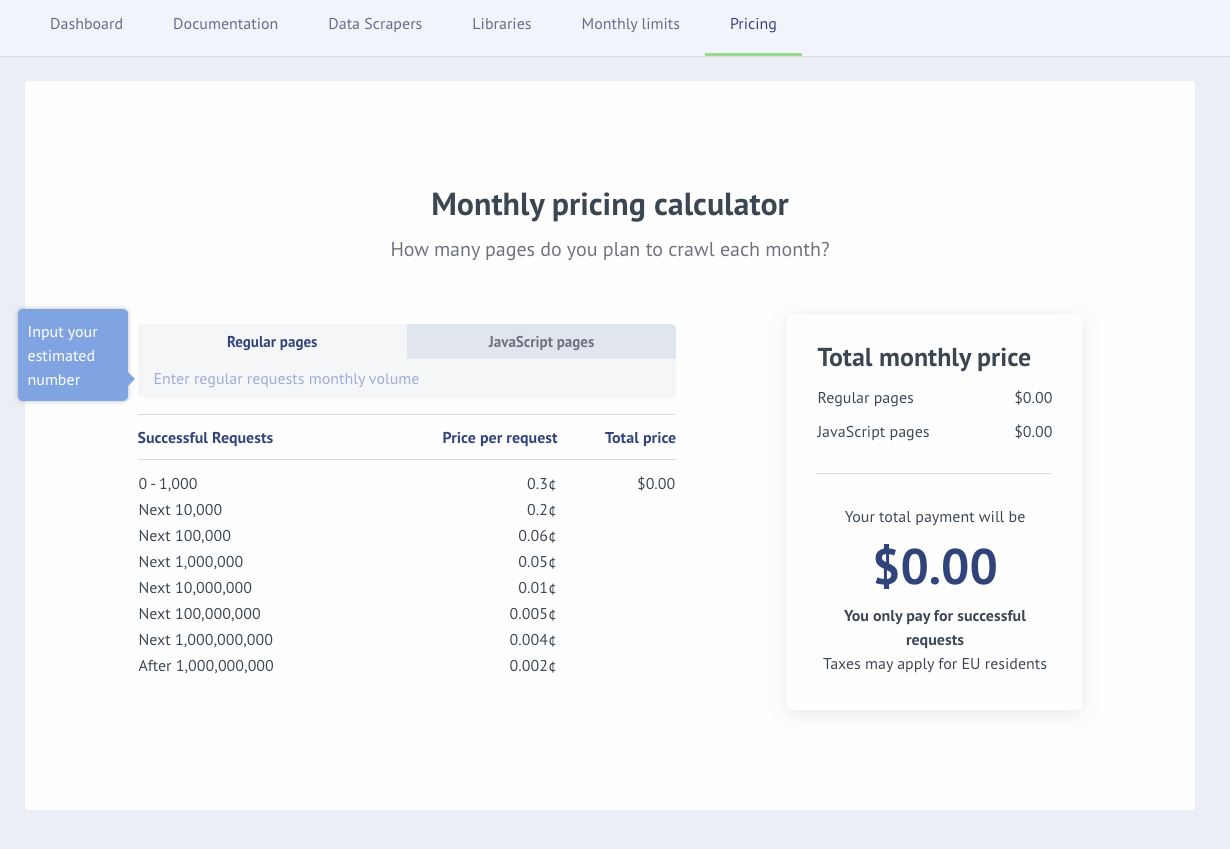 Crawlbase monthly pricing calculator