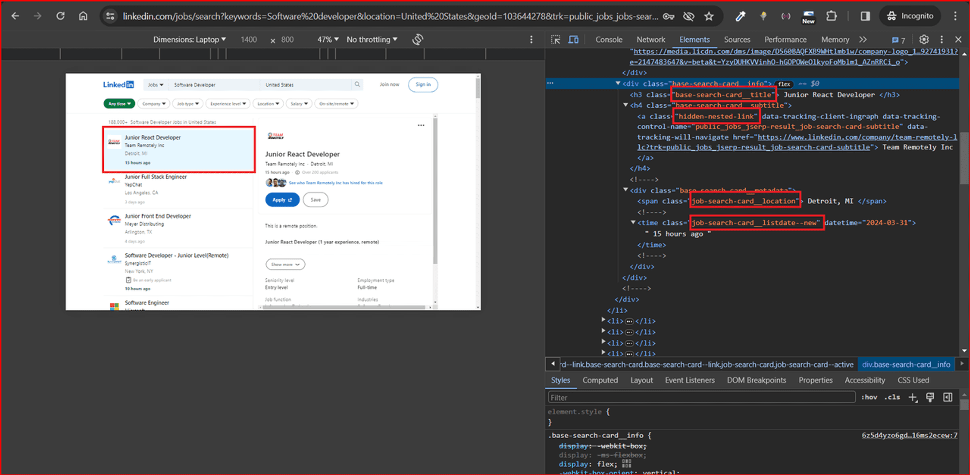 Inspecting LinkedIn Jobs with Chrome DevTools