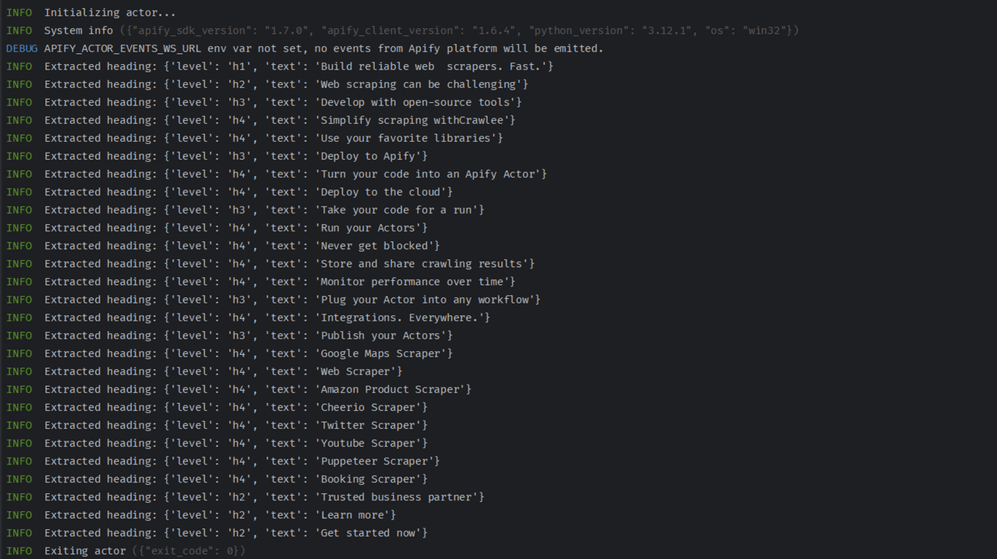 Running the scraper locally with the Apify CLI run command