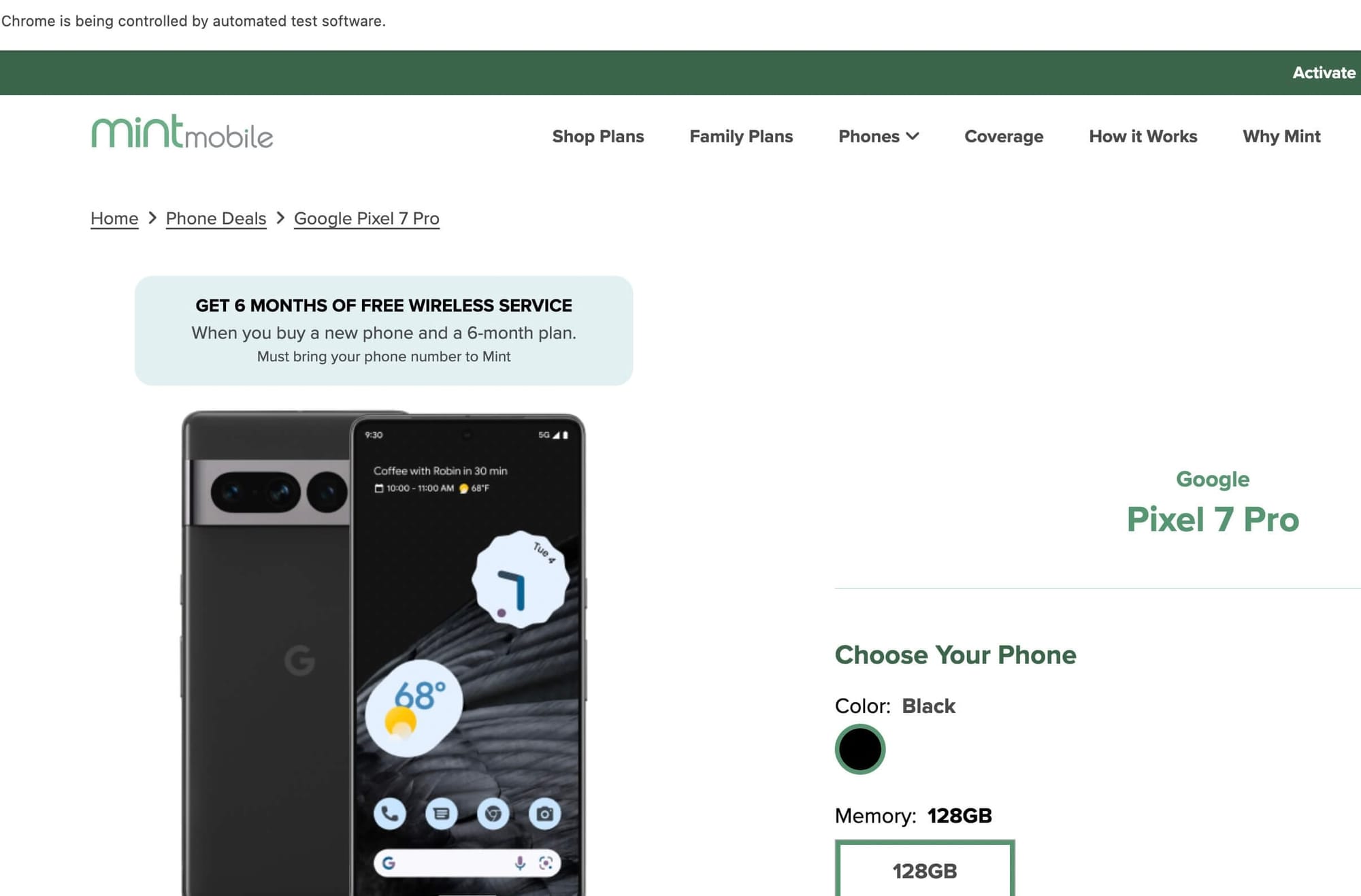 Using Selenium to open a Chrome browser and navigate to the Mint Mobile product page